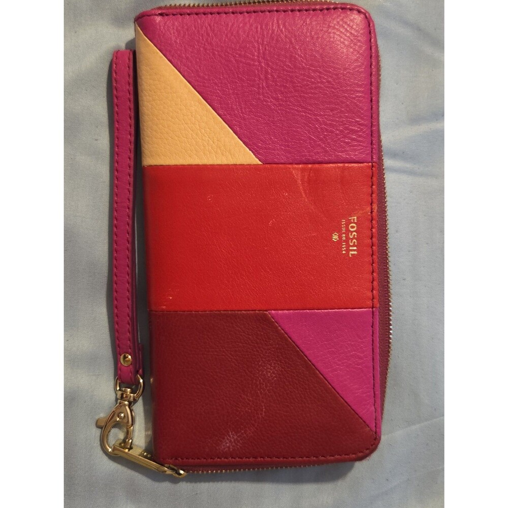 Fossil Leather Colorblock Zip Around Clutch Wallet Wristlet Pink Red Tan